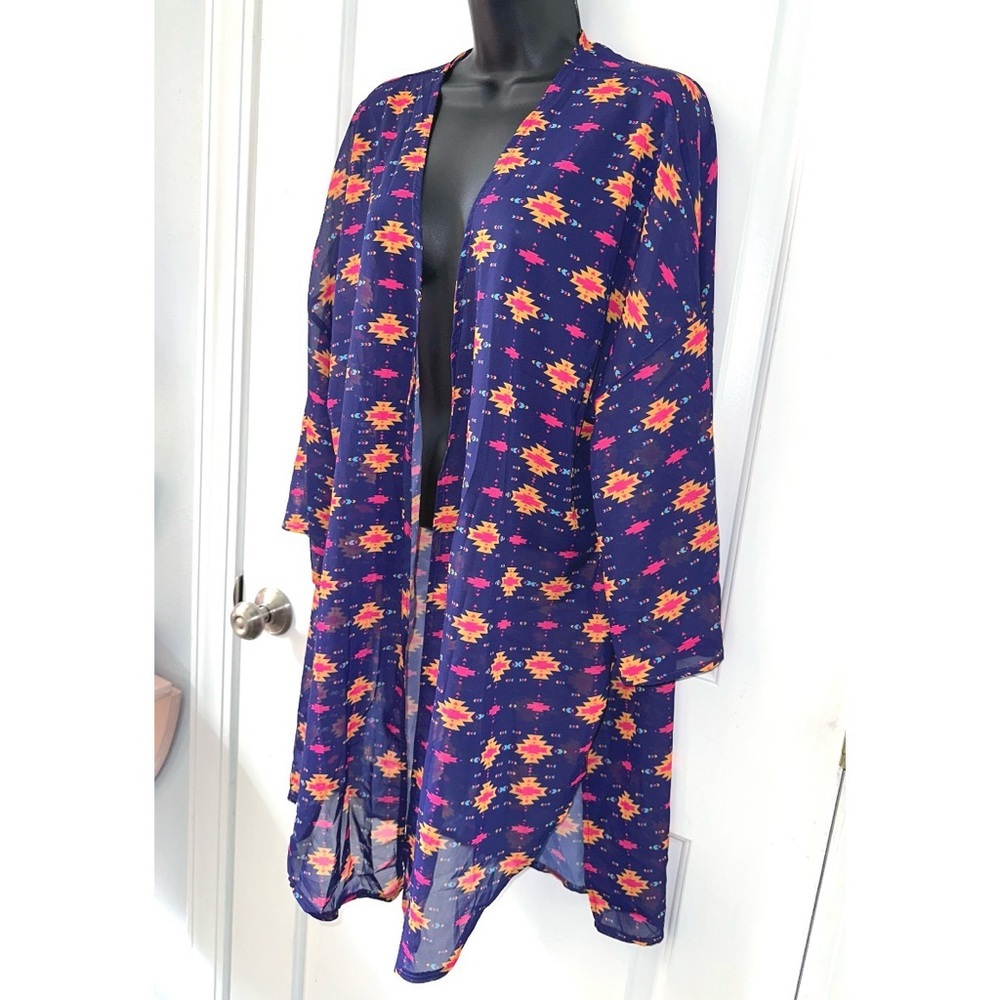 Grace & Emma Purple/Pink Aztec Print Colorful Western Duster Kimono Shawl - Picture 4 of 7
